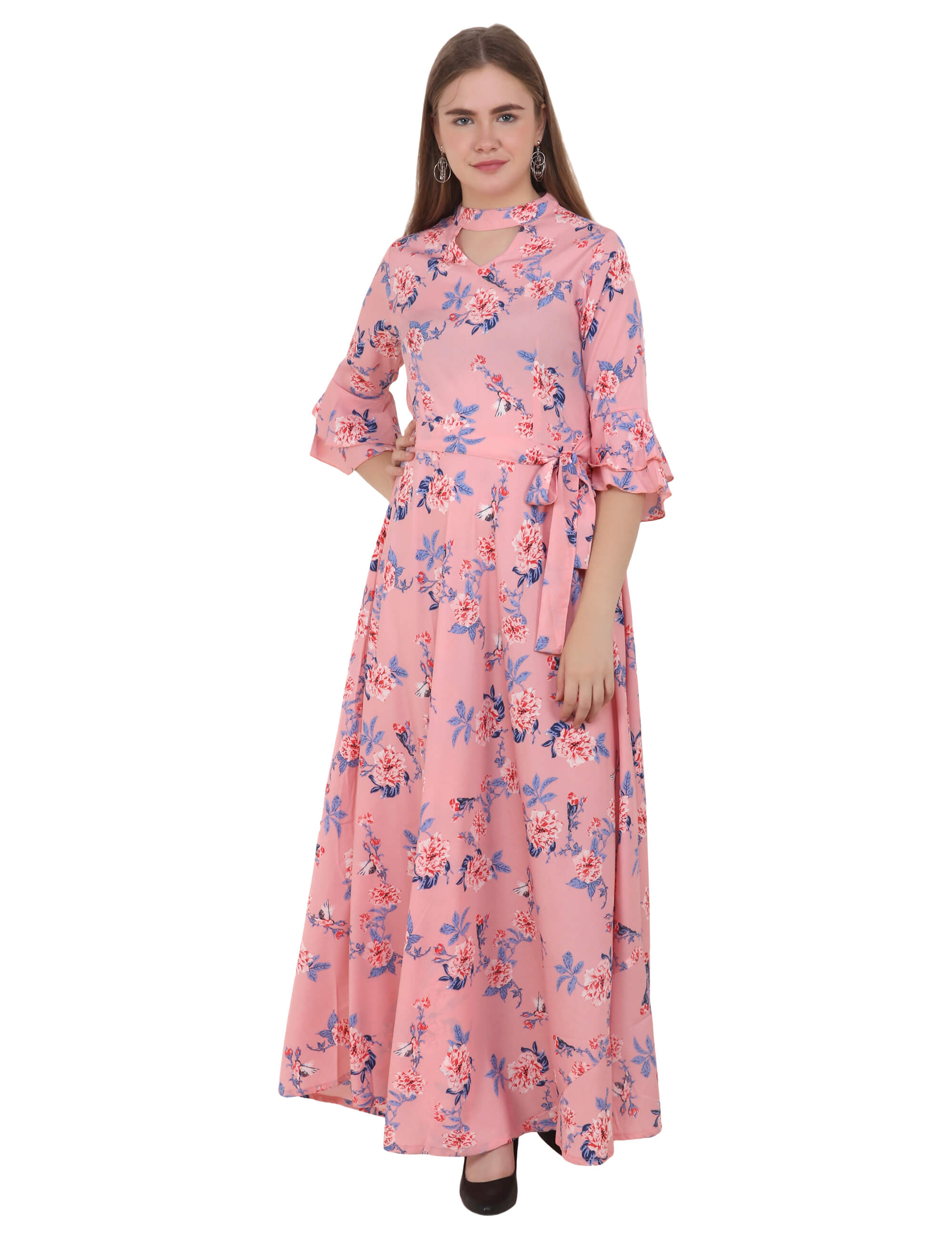 Emeros Aline Floral Print Choker Neck TieWaist Pink & Blue Maxi Dress